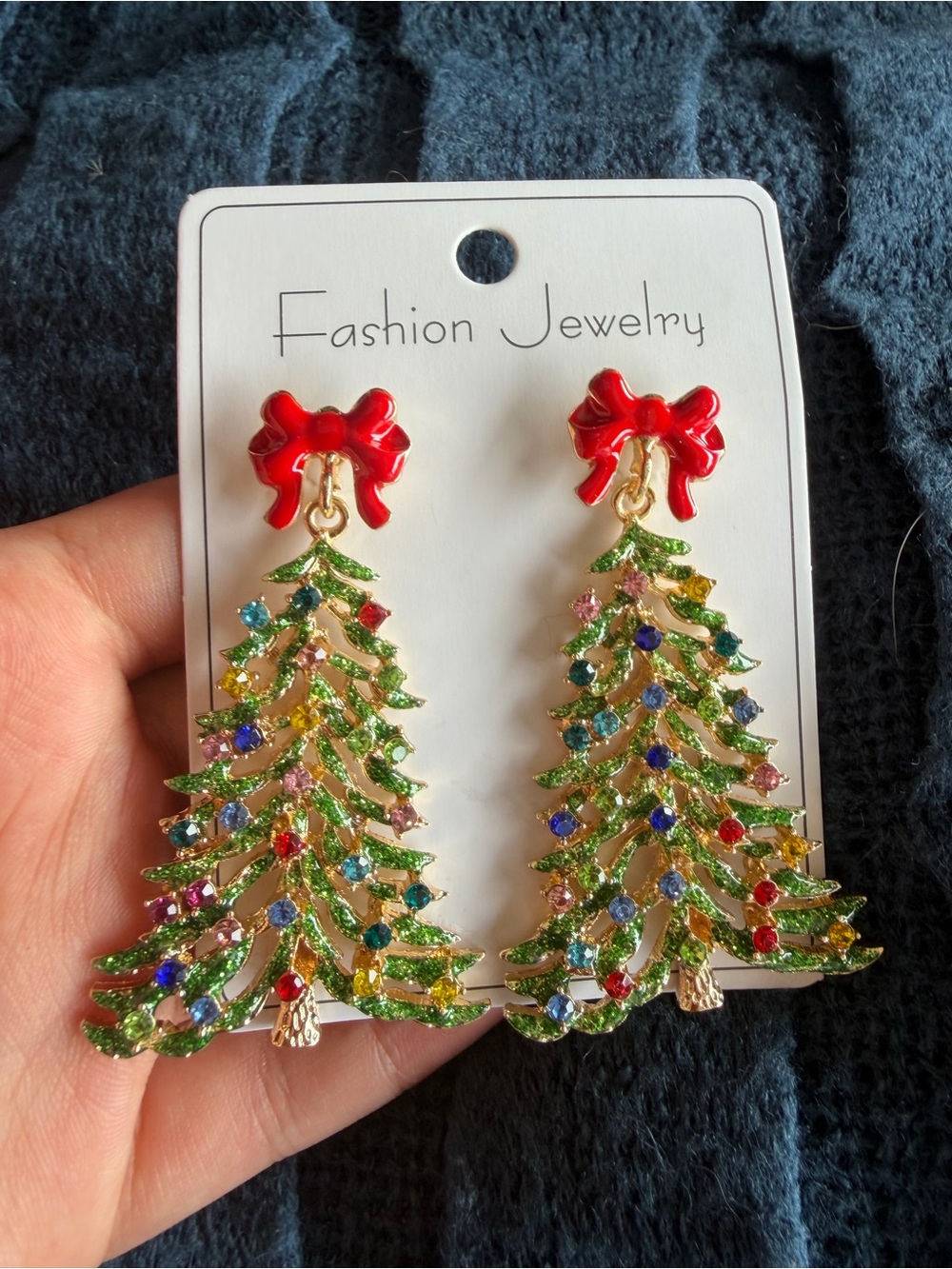 Holiday Red Bow Green Christmas Tree Drop Earrings